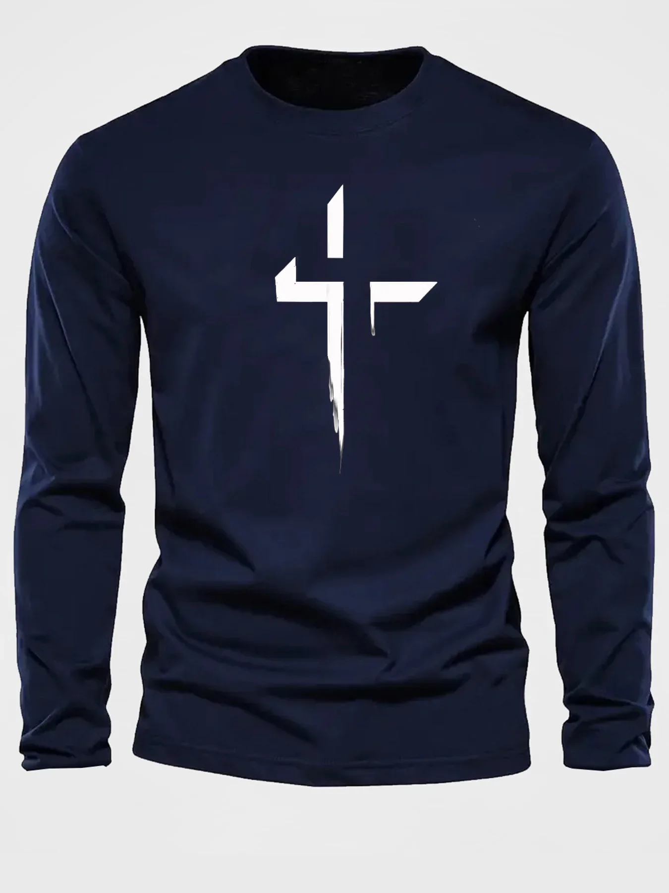 Gothic Punk Men Long Sleeve T‑Shirt Abstract Broken Cross Graphic Print Dark Streetwear Casual Daily Fashion Pullover Tee Top