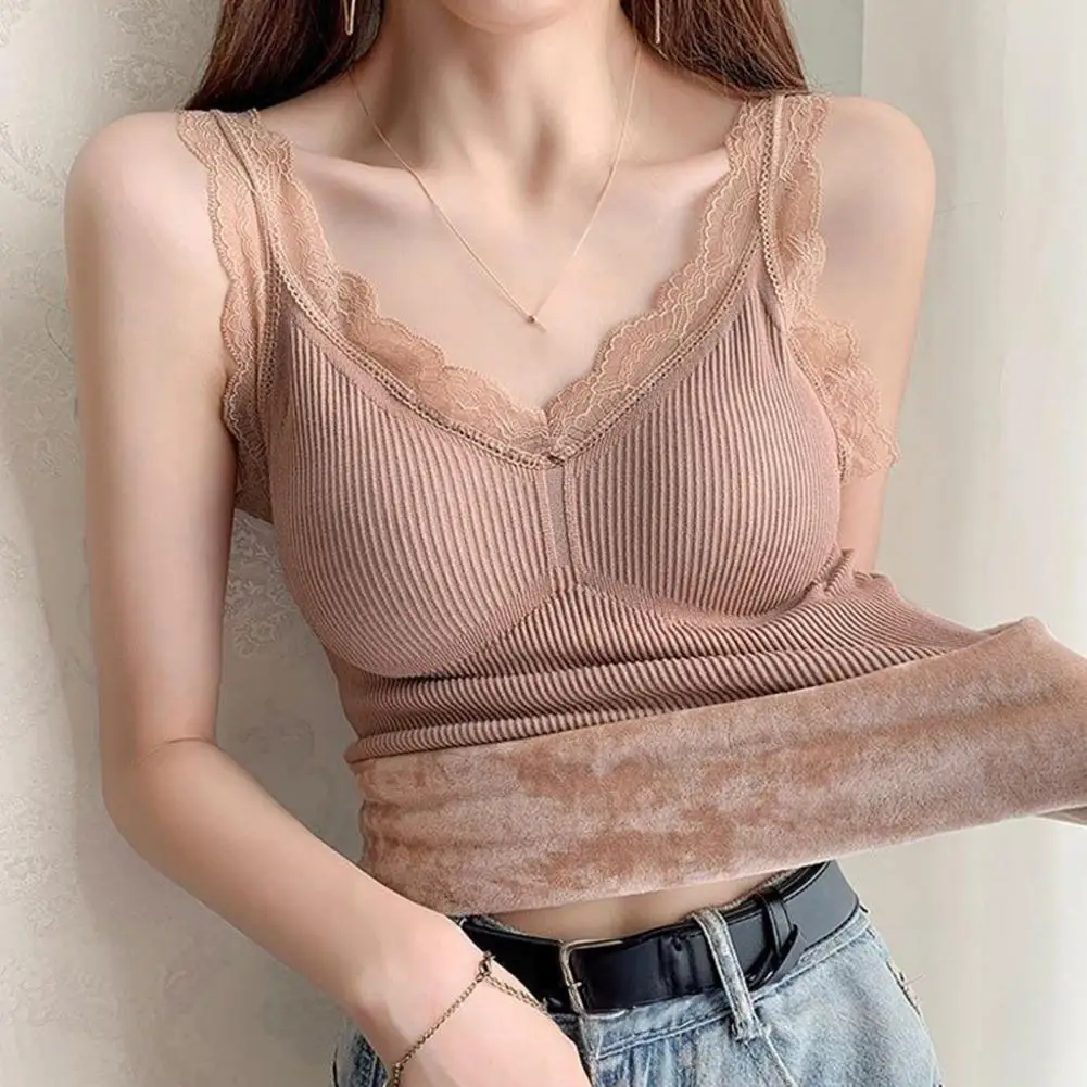 Body-hugging Tank Fleece Lined Tank Top Women’s Thermal Tank Top Fleece Lined Base Layer Vest Lace Camisole Warm for Winter
