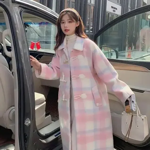 معطف صوفي منقوش لطيف وأنيق للنساء النسخة الكورية الجديدة معطف صوفي بزر قرن البقرة صغير #4