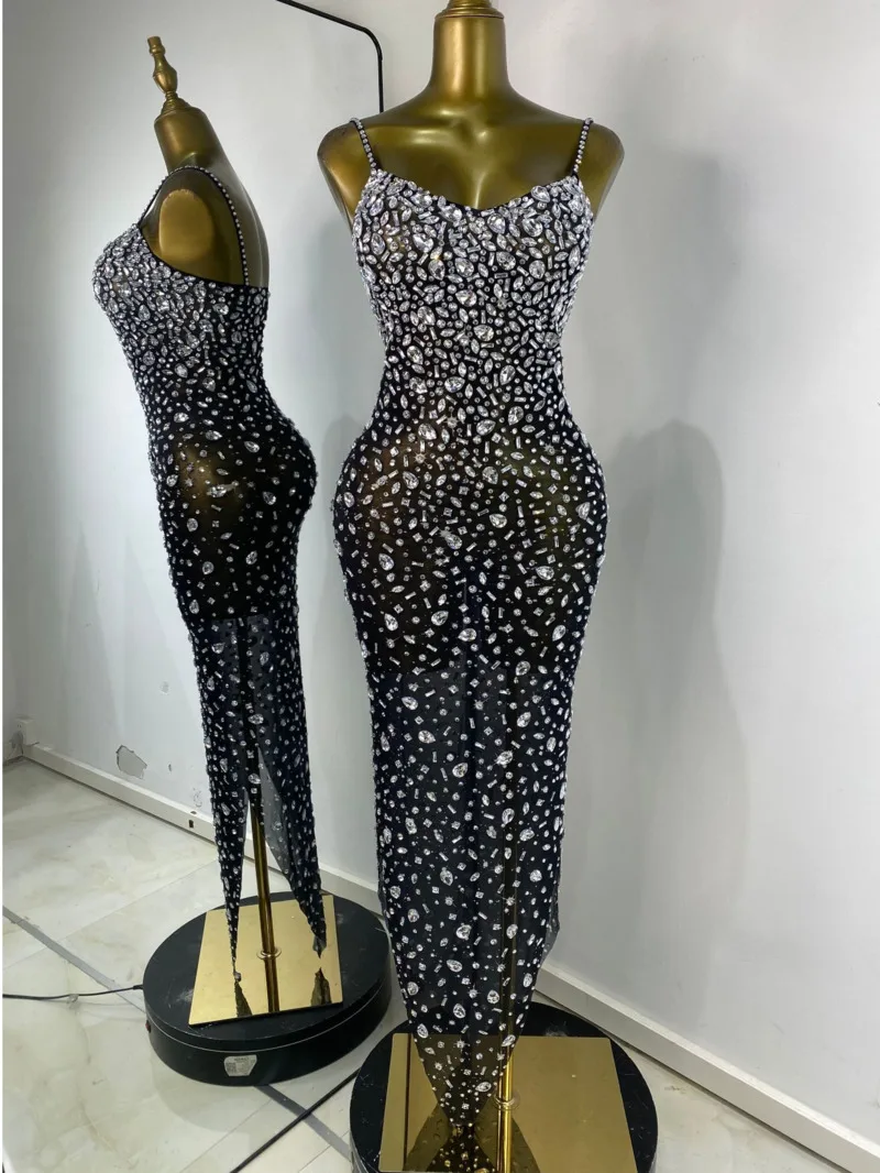 

Luxury Rhinestones Sexy Mesh See Through Bodycon Dress Women Birthday Evening Cocktail party Gown Carpet Club Stage Outfit IJX8