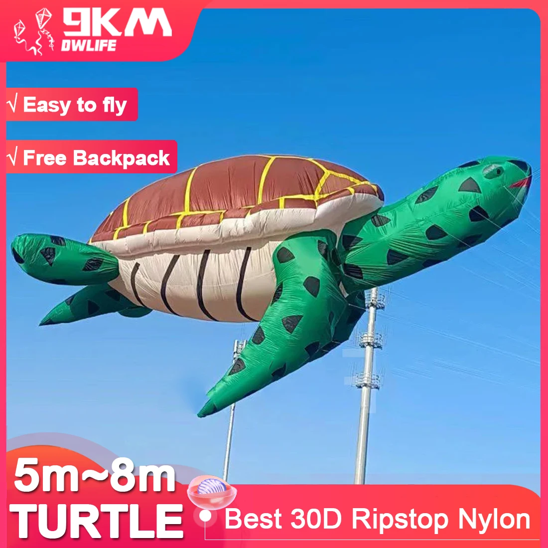 9KM 5m Sea Turtle Kite Line Laundry Pendant Soft Inflatable Show Kite for Kite Festival 30D Ripstop Nylon Fabric with Bag