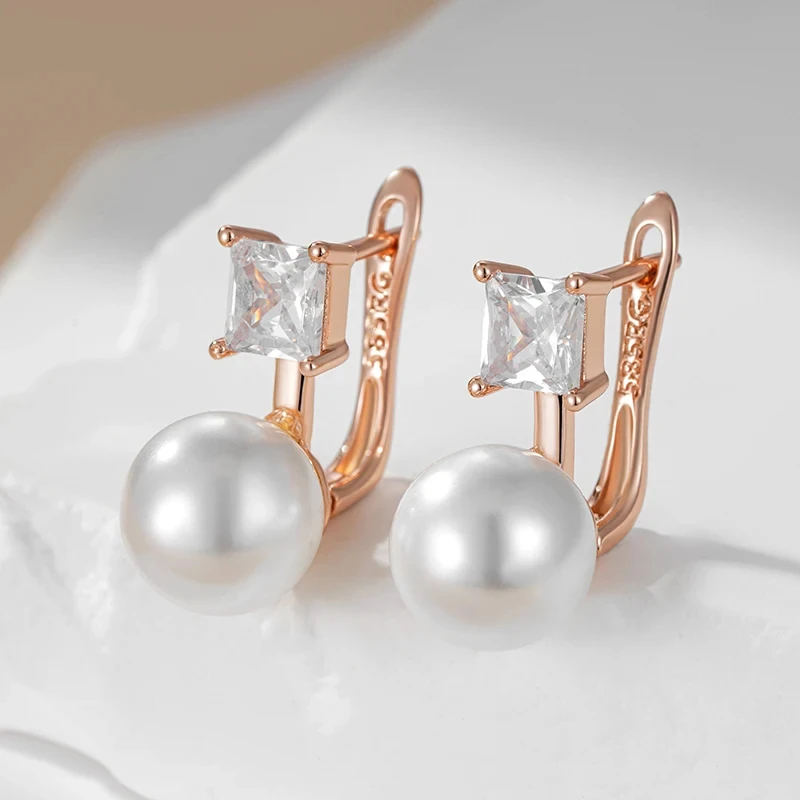 Wbmqda Simple Pearl Drop Earrings For Women 585 Rose Gold Color With Natural Zircon High Quality Daily Jewelry