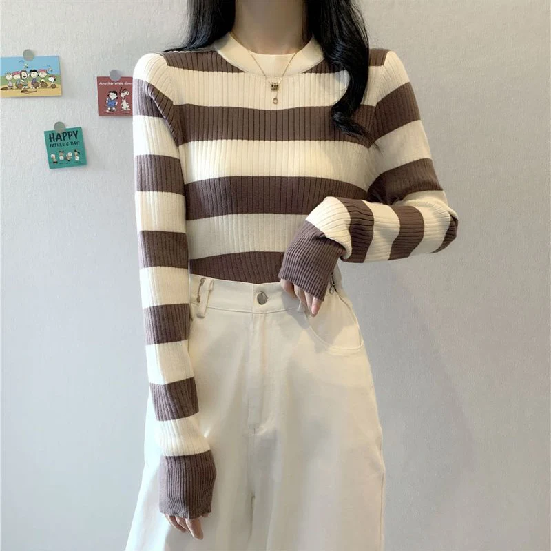 Korean Fashion Long Sleeve Stripped Sweater Women 2024 Round Neck Basic Knitted Pullover Woman Autumn Winter Slim Fit Knitwear