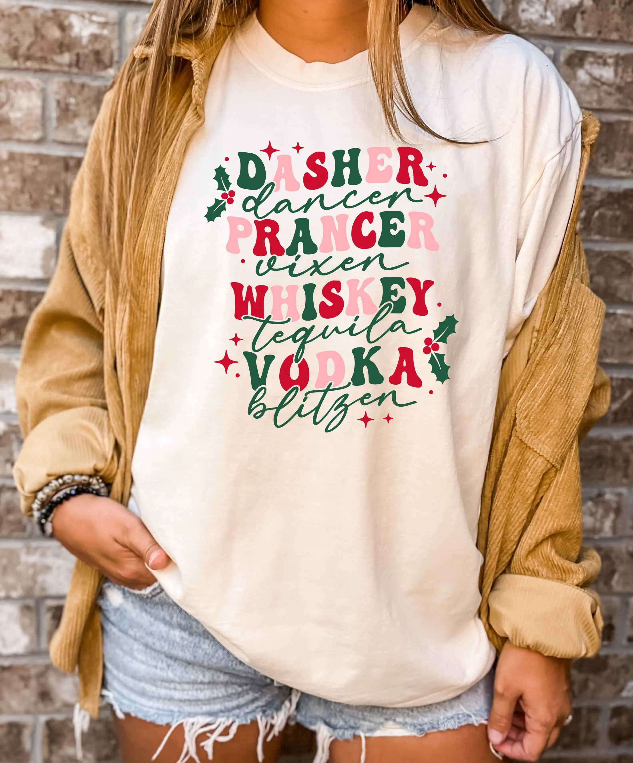 Christmas Drinking T Shirt Dasher Dancer Prancer Vixen Whiskey Vodka Tequila Blitzen Holiday Party Chrıstmas Gıft Xmas