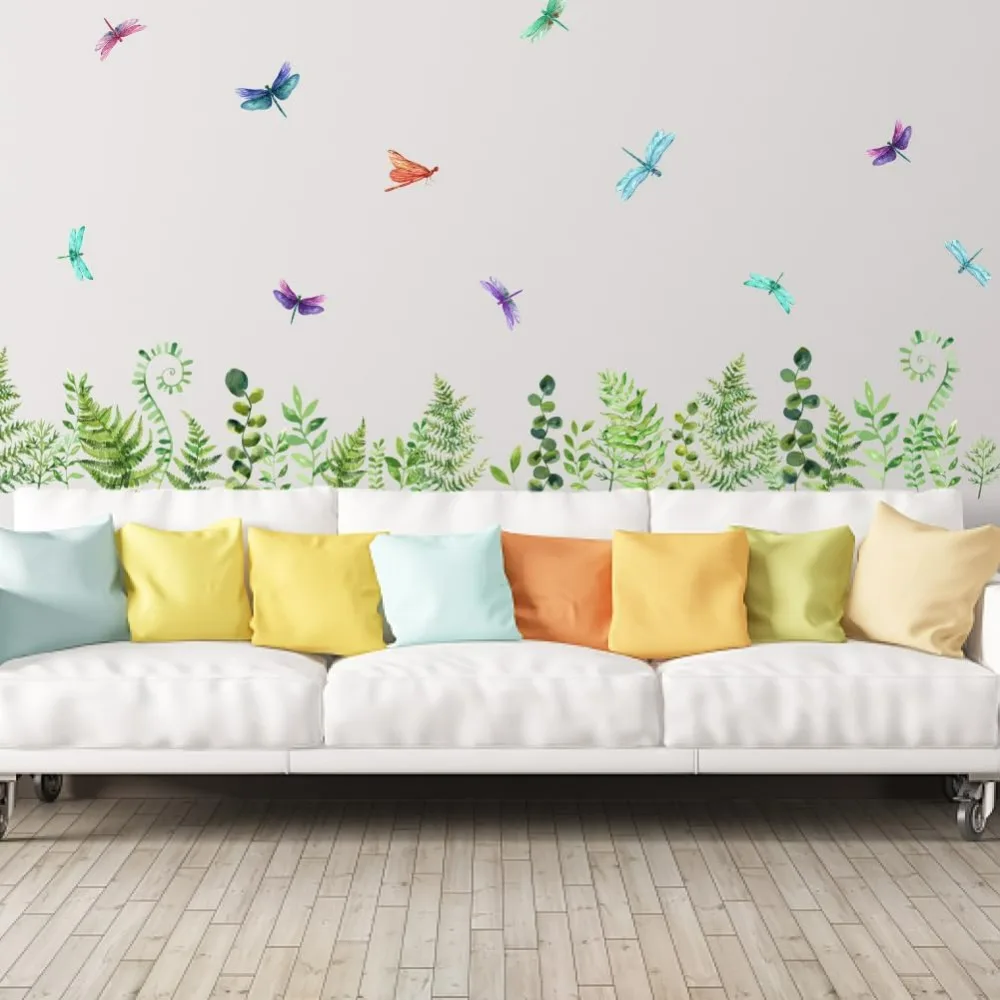 Green Plants Fern Wall Decal Butterfly Plants Dragonfly Wall Sticker Peel and Stick DIY Kid's Room Bedroom Livingroom Wall