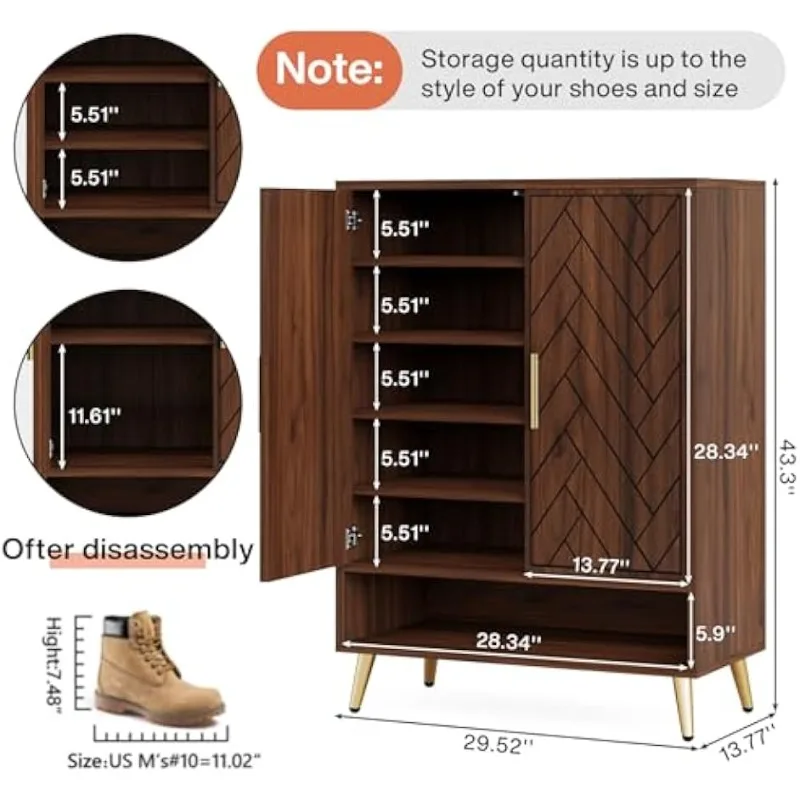 6-Tier 24 Pairs Shoe Cabinet with Doors, Vintage Walnut Wood Entryway Shoe Cabinet w/ Adjustable Shelves for Living Room,Bedroom