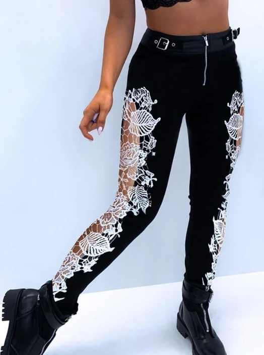 Women's Fashion Sexy Pants 2024 Autumn New Style Personalized Micro Elastic Lace Splicing Zipper Pants Shipped within 48 hours