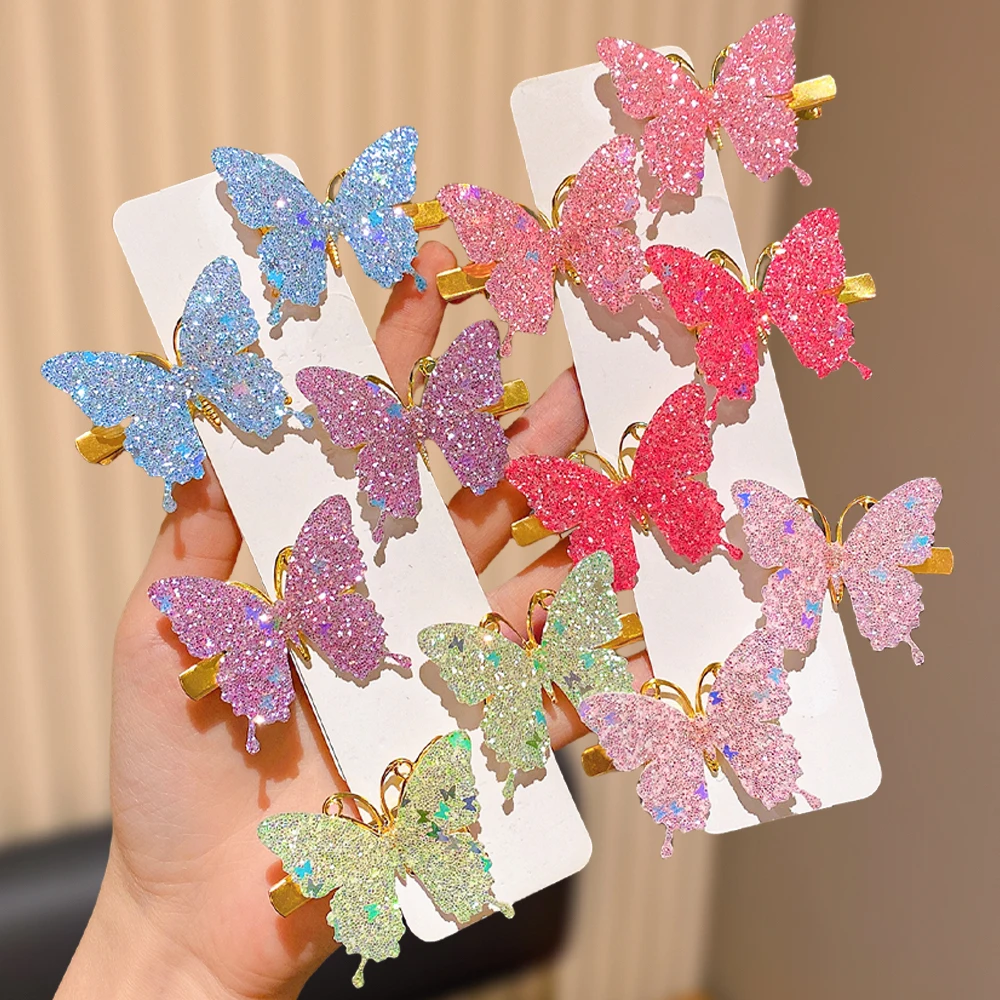 12  pcs  Sparkling Pink Butterfly Hair Clips Set for Girls Dazzling Colors Cute Hair Accessories for Daily Use And Parties