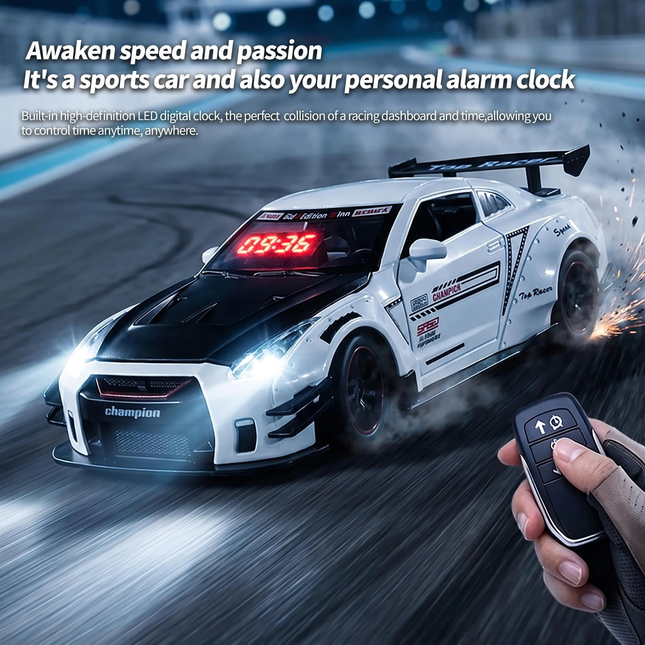 Hypercar Model Alarm Clock Remote Control Car Toy with LED Lights, Engine Sound, Water Spray & Rechargeable Battery