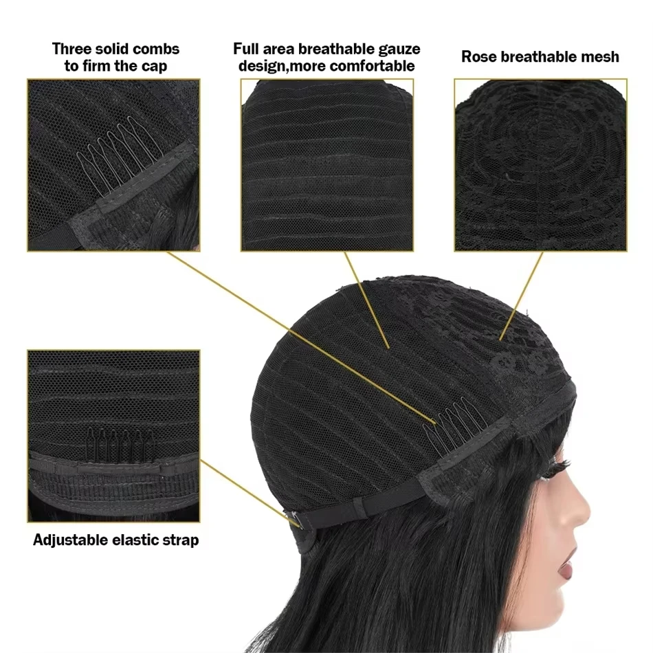 Rosslyn Straight Human Hair Wigs With Bangs 1b Black Wig Not Lace Natural Color Full Machine Wig From Brazilian Original image 5