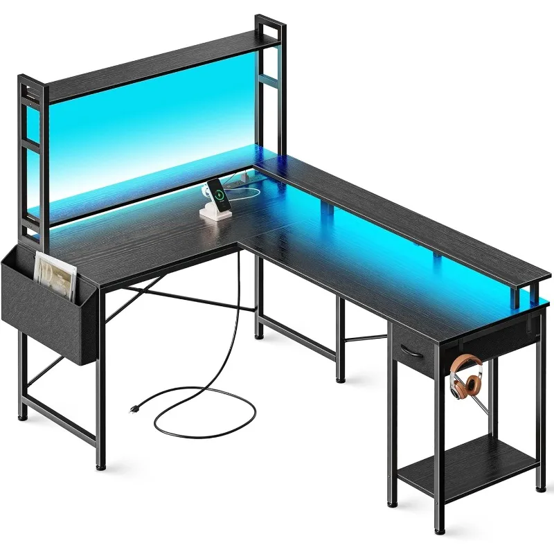 

L Shaped Gaming Desk with LED Lights & Power Outlets, Computer with Storage Shelves, Corner Home Office