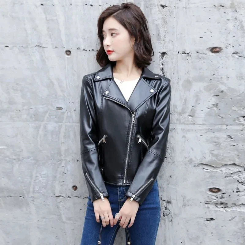 Casual Elegant Outerwear หญิงผู้หญิงเข็มขัดแฟชั่นกระเป๋าหนัง Faux สีทึบซิปเสื้อแจ็คเก็ตคุณภาพนุ่ม