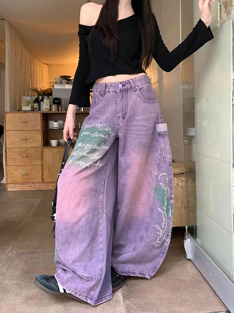 ReddaChic Pruple Oversized Graphic Jeans Women Vintage Letter Printing Carrot Fit Wide Leg Baggy Denim Pants Causal Streetwear
