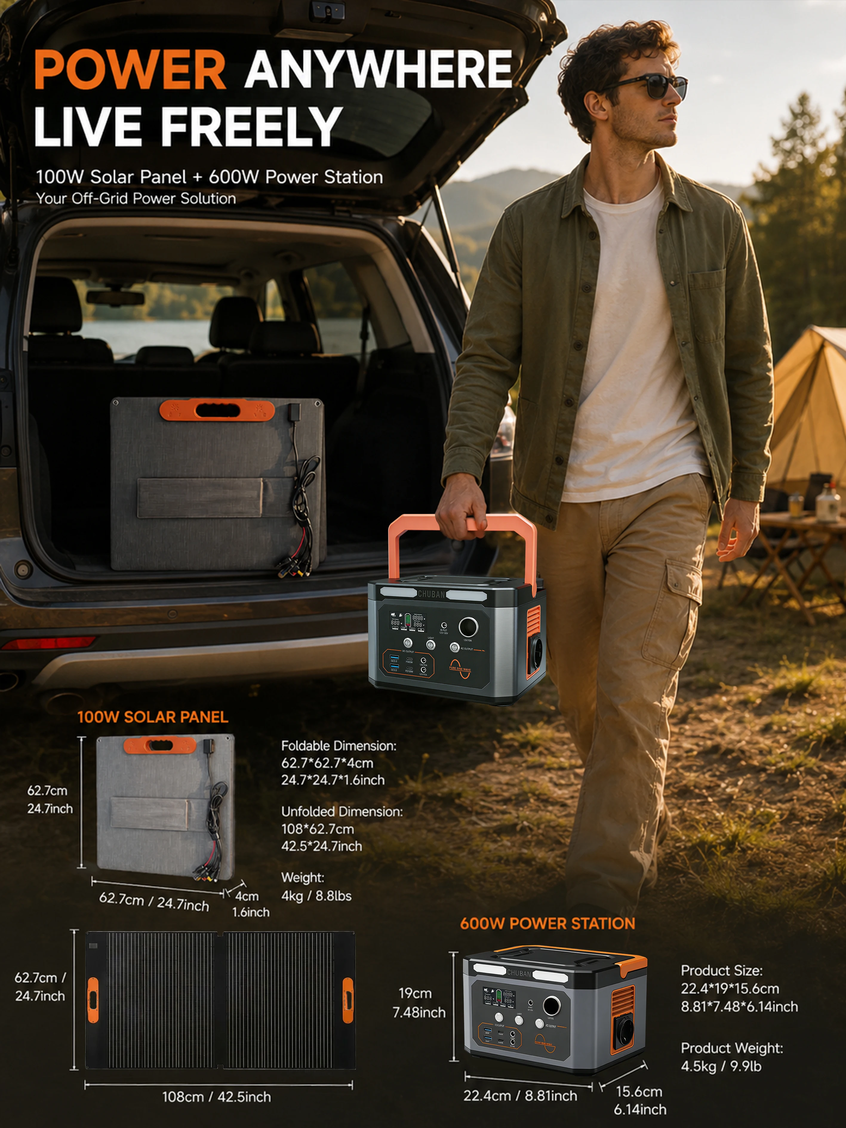 Tragbare Powerstation 500W mit optionalem 100W Solarpanel-Kombi, große Kapazität 100000mAh, reine Sinuswelle 220V, Typ-C, bidirektionale Ladefunktion, Outdoor-Solargenerator, 1200+ Zyklen, Typ-C