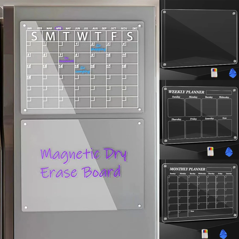 Ímã de geladeira Adesivo, Calendário Board, Planejador, Reutilizável, Magnético, Apagar seco, Programação Board, Acrílico Transparente, Frigorífico Message Menu