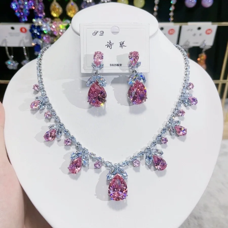 

Luxury Teardrop Crystal Jewelry Set Cubic Zirconia Sparkling Necklace Earrings Sets 925 Silver Post Party Jewelry Accessories