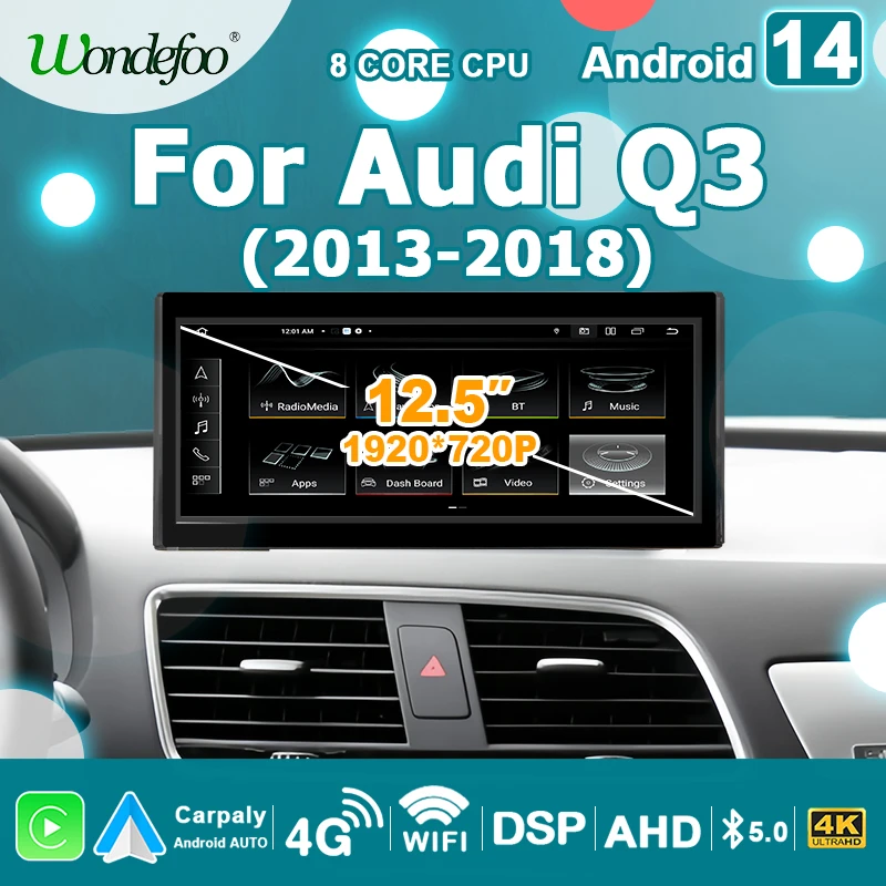 1920*720P  Carplay Android 14 Auto Car Radio 2 DIN 12.5'' Screen Multimedia player For Audi Q3 2013-2018 autoradio Stereo 4G LTE