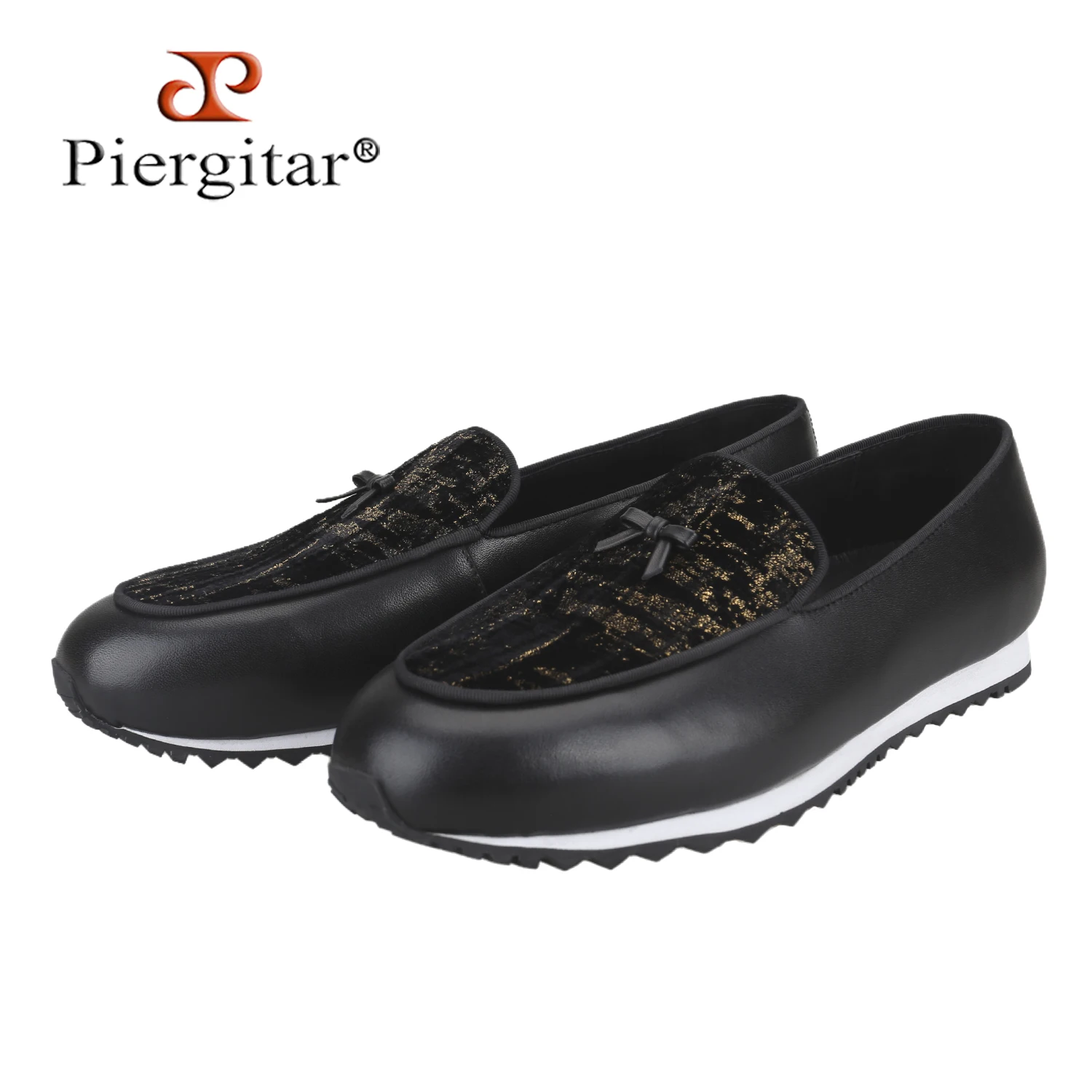 Piergitar Shiny Thread Tweed Patchwork Leather Men's Loafers With Handmade Tie Slip-On Style Dad Shoes For Daily Casual Wear