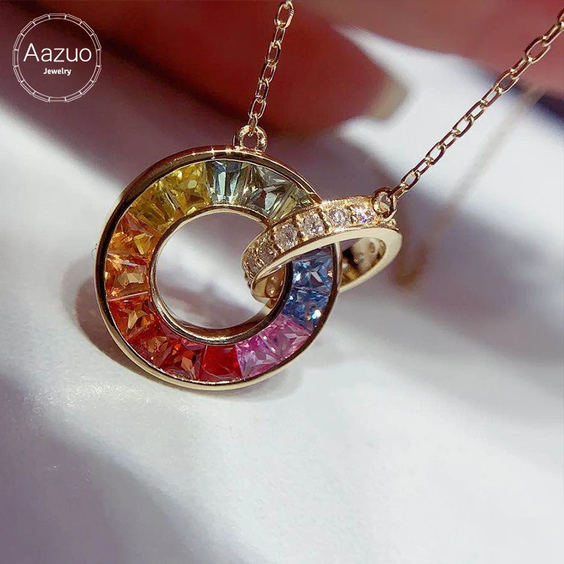 Aazuo Fine Jewery18K Rose Gold Natural Sapphire Real Diamond Lovely Rainbow Round Ring Necklace Gifted For Women Birtthday Party