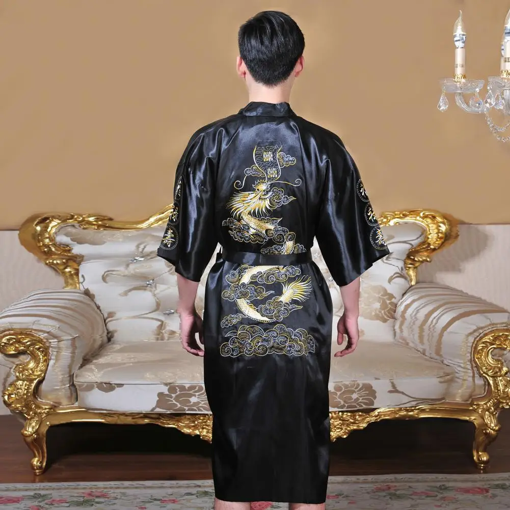 Oriental Style Night Robe Men Chinese Style Nightgown Dragon Embroidered Men's Satin Nightgown with Chinese Style V for Home