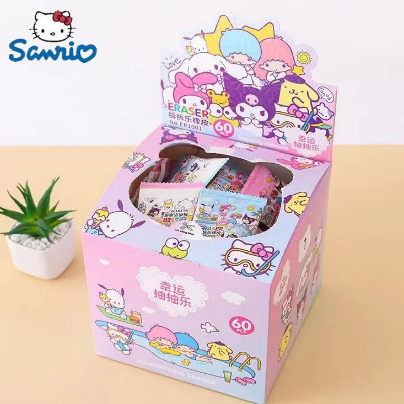 

New Sanrio 60pcs Eraser Kawaii Hello Kitty Kuromi Cinnamoroll Pumping Eraser Student Stationery Supplies Children's Gifts