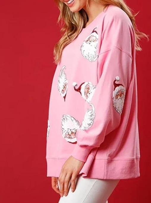 Sudadera con estampado de Papá Noel para mujer, sudadera holgada de manga larga con lentejuelas y cuello redondo, jerséis para mujer 2024