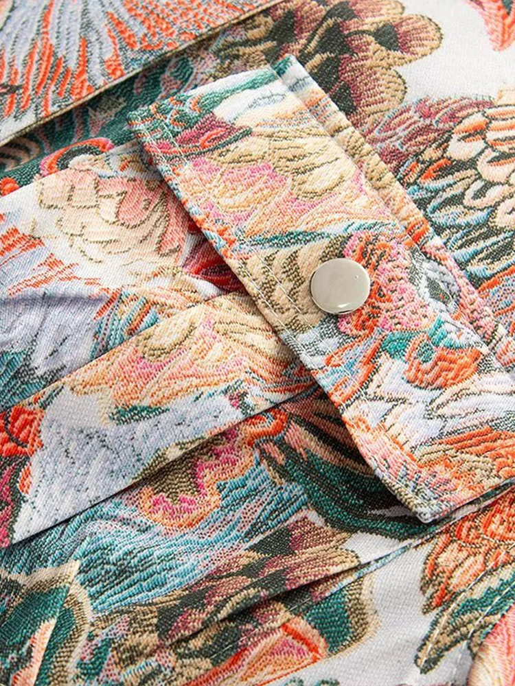 Estilo de rua outono e inverno novo feminino casual versátil gola alta manga longa pavão impressão zíper jaqueta casaco curto