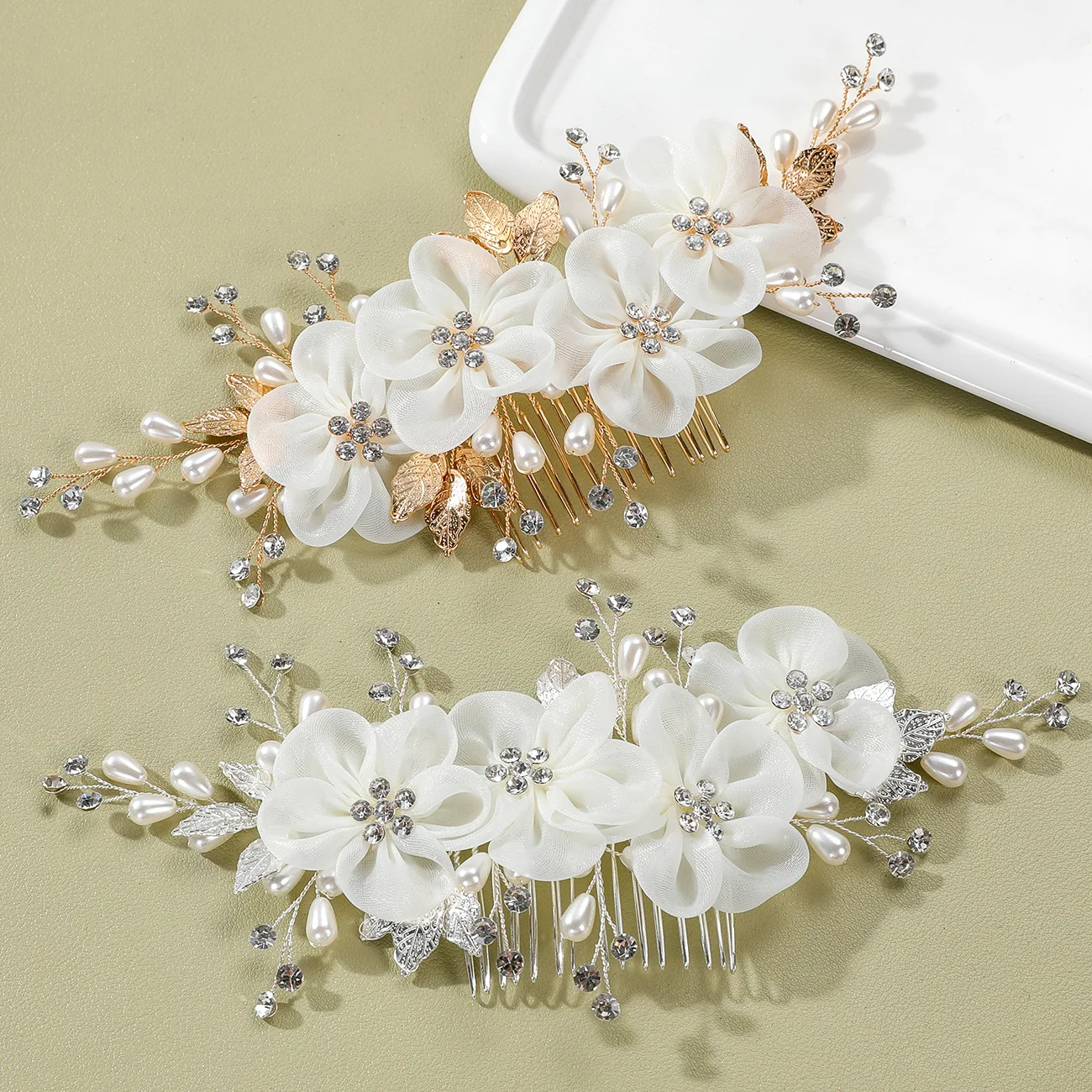 

Floralbride Handmade Alloy Crystal Rhinestones Pearls Flower Leaf Bridal Hair comb Wedding Headpieces Women Girls Hair Jewelry
