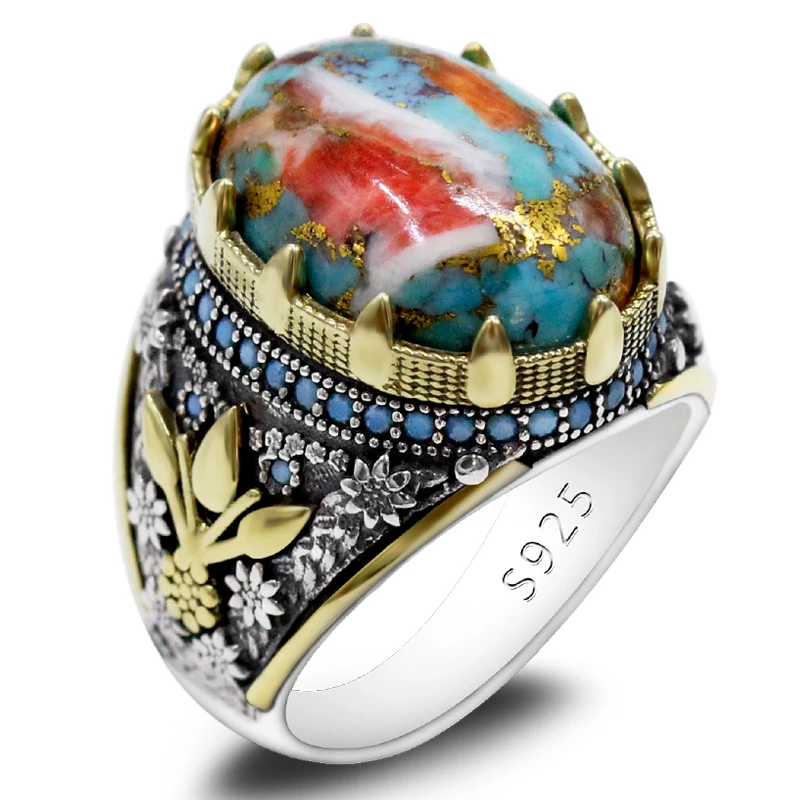 

S925 Silver Natural Oyster Turquoise Hip Hop Türkiye Handmade Men's Ring Women's Luxury Jewelry Party Couple's Birthday Gift