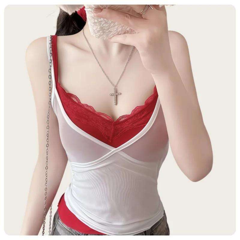 Koreanisches Ballett-Design im Stil eines zweiteiligen Outfits mit Farbblockierung und überkreuztem Wickel vorne, gerafftem Wellen-Spitzenbesatz, V-Ausschnitt, kurzes Spitzen-Top mit Farbblockierung – Detail 3