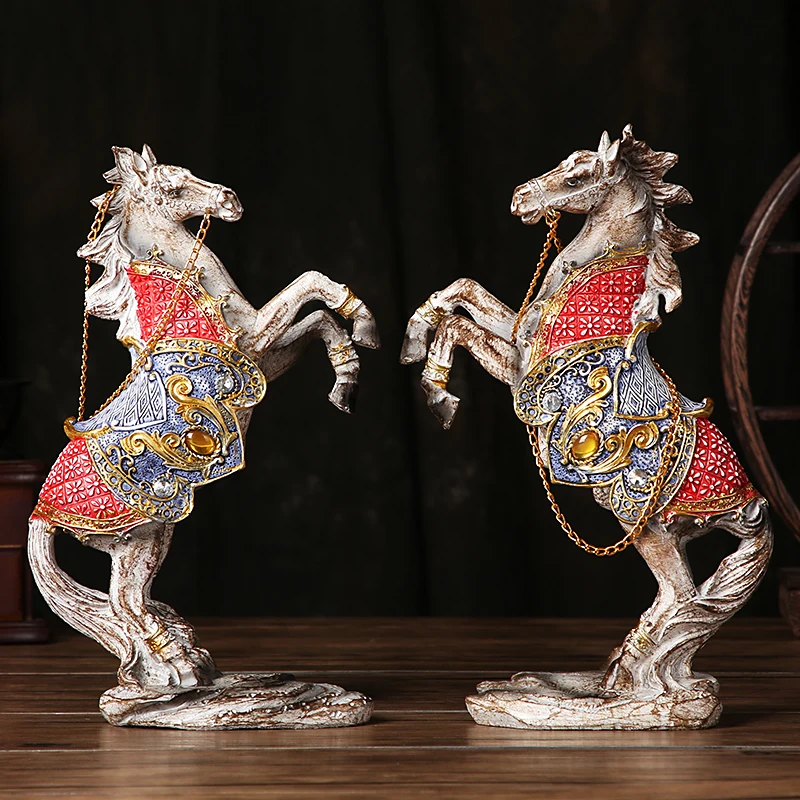 

Royal Guards Horse Statue Antique Finished Resin Saddle Horse Sculpture Art Collectible Ornament Craft Mascot Decor Accessories