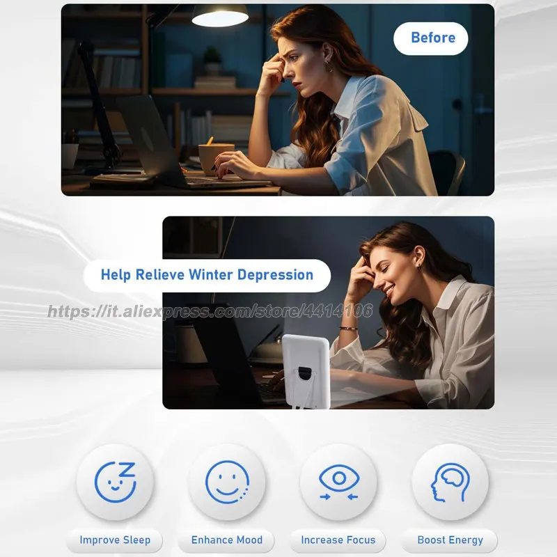 Lámpara de terapia de luz, lámpara de terapia LED sin rayos UV de 10000 LUX, luz energética, despertador con luz de despertador, temporizador y