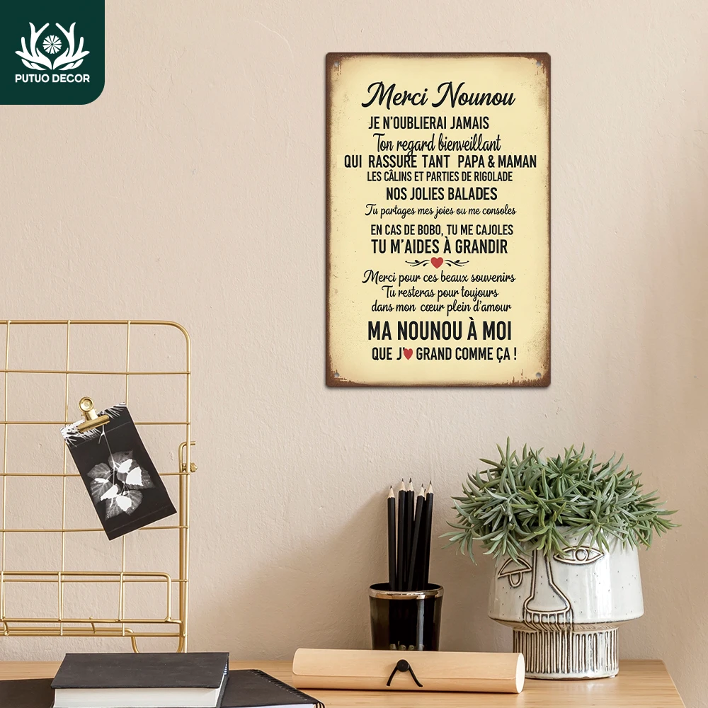 Putuo Decor 1 Stück Französisches Vintage Metallschild, Merci Nounou JE N’OUBLIERAI JAMAIS, Wandkunst-Dekoration für Zuhause, Café, Büro, Geschenk