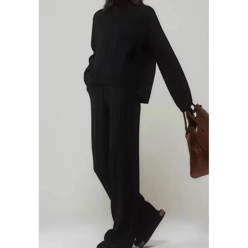 REALEFT 2025 الخريف الشتاء 2 قطع المرأة مجموعات محبوك رياضية الياقة المدورة سترة ومستقيم الركض بانت الدعاوى وتتسابق #4