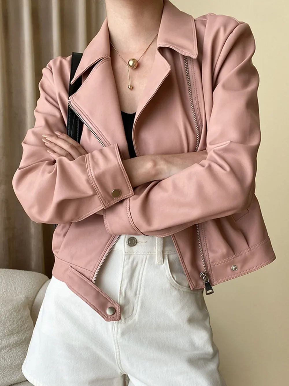 Stand Collar Zipper Leather Jackets Motorcycle PU Coats Women 2023 Autumn Street Long Sleeve Cropped Coat New in Outerwears