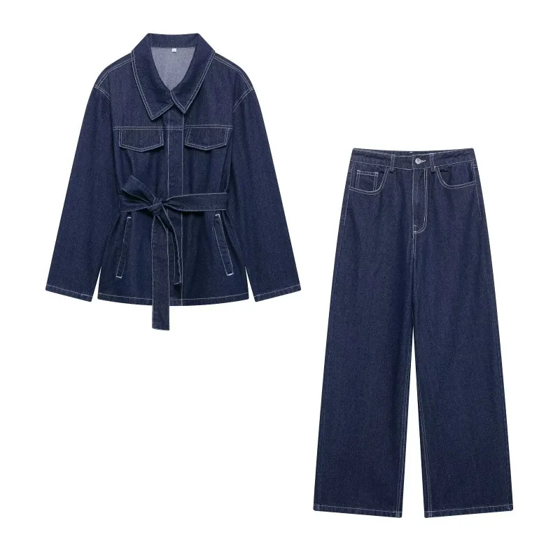 

2025 Denim Two-piece Suit Women's Casual Sets Spring Autumn Sashes Coat Vintage Jacket Wide-leg Trousers Lady Jeans 2-piece Sets