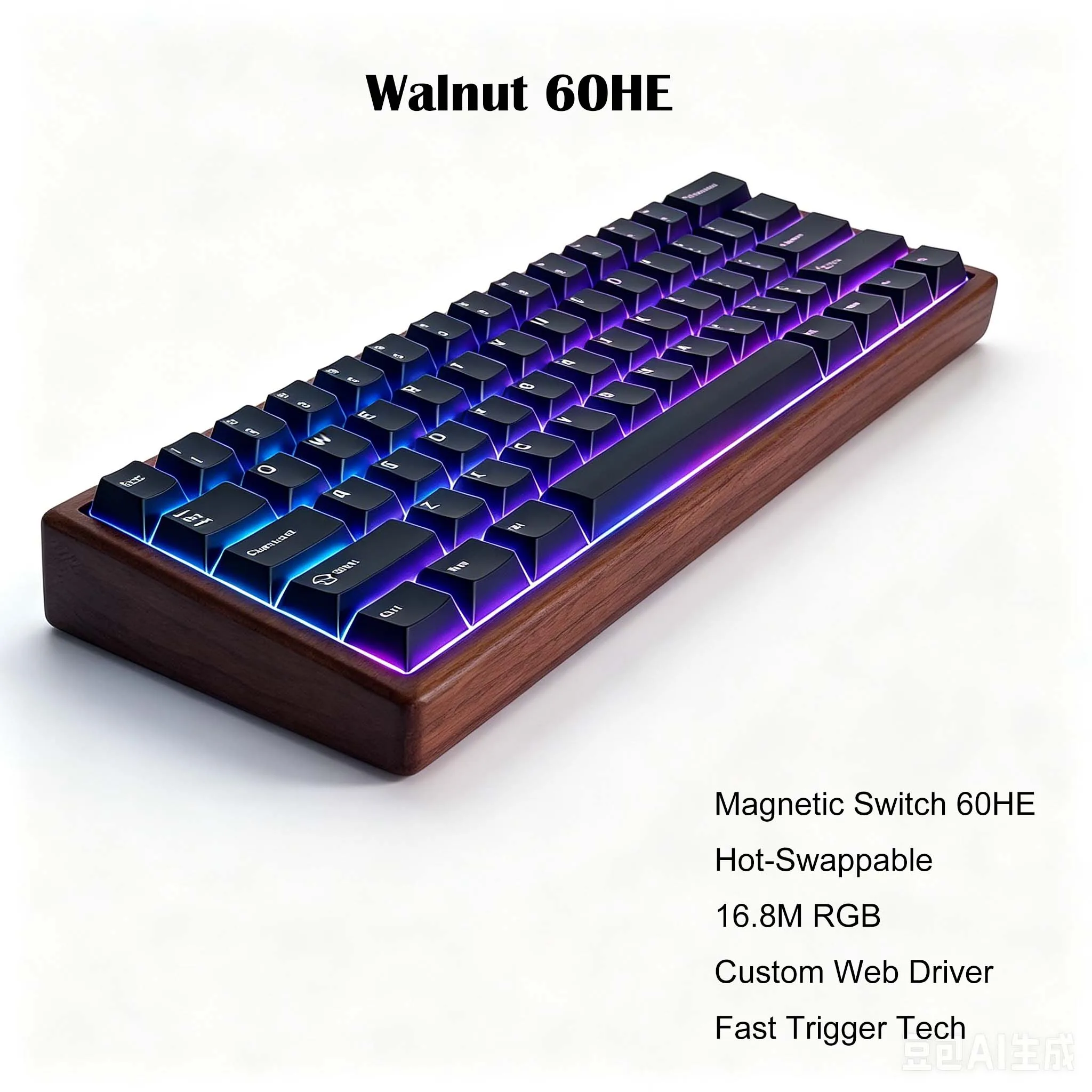 Black Walnut Wood 60% HE Magnetic Gaming Keyboard  Wired,Customizable Actuation,RGB Backlit,Hall Effect Rapid Trigger Keyboard