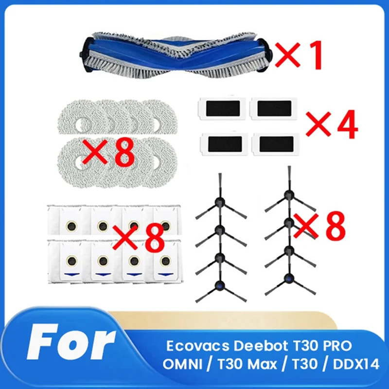 HOT！-29 Pcs For Ecovacs Deebot T30 PRO OMNI /T30 Max / T30 / DDX14 Sweeper Accessories Main Side Brush Filter Rag Dust Bag