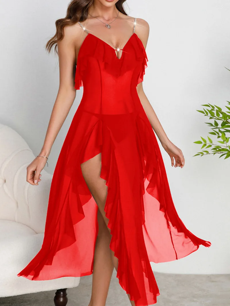 ชุดนอนตาข่ายเว้าลึก ชุดเดรสสายเดี่ยวผ่าข้างแต่งระบาย หลากสี ผ้าบางเบา ชุดนอนเซ็กซี่ ชุดลำลอง ชุดเดรสสีพื้น RKA7