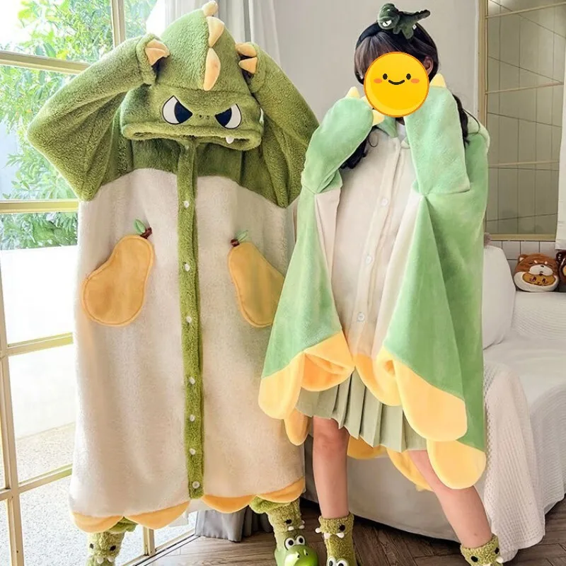 Halloween Cosplay Gothic Trend Bat Shark Fox Fleece Pajamas For Women Winter Plush Thicken Loose Cute Hoodie Bathrobe Nightgown