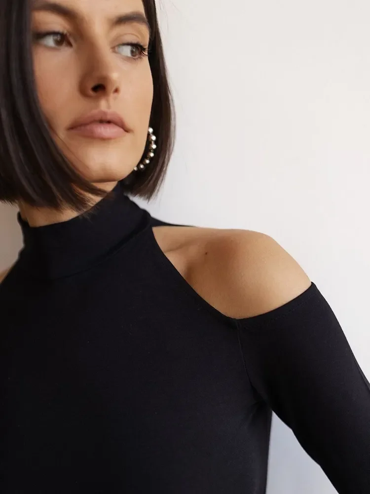 Body Shaper a maniche lunghe con collo alto e spalla scoperta, top modellante per il corpo da donna alla moda