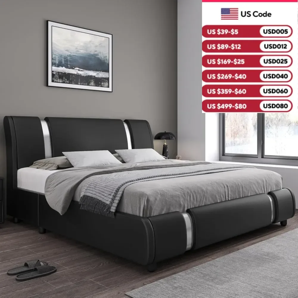 Modern Faux Leather Upholstered Platform Bed Frame with Metal Decoration Headboard, Wooden Slats Support, No Box Spring Needed