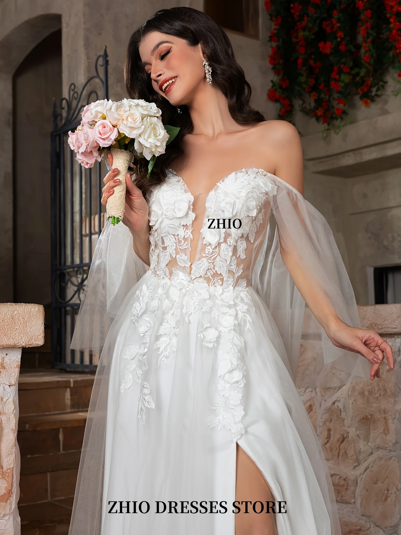 ZHIO Kant Koreaanse trouwjurk met lange mouwen Off-shoulder A-lijn bruidsjurk Backless prinses sticker bruidsjurk op maat