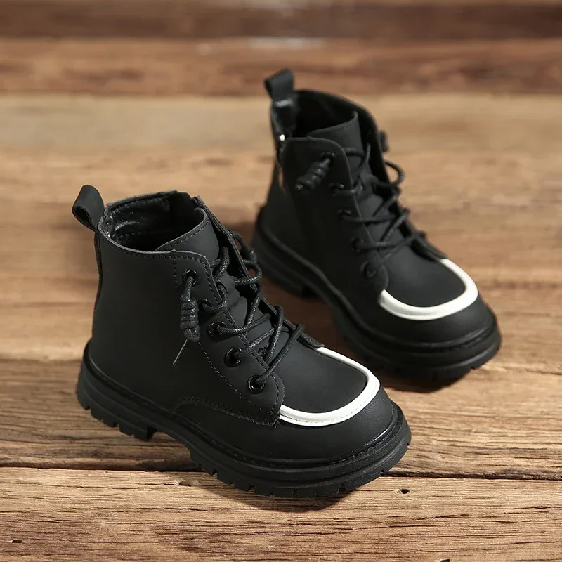 New Children Boots  soft leather Handsome Lace-up Trendy Kids Short Boot Matte PU Leather Anti-slip Unisex Boys Girls Shoes 아동구두