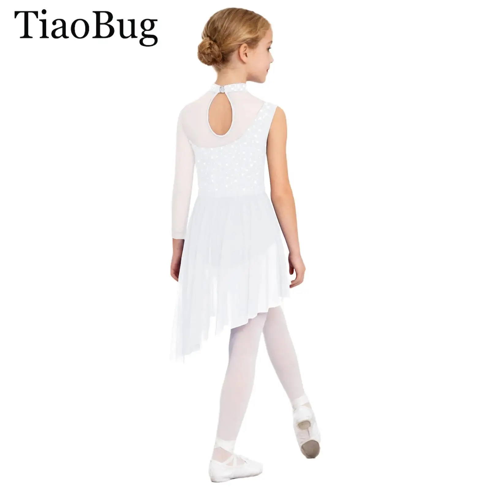 

Kid Girls Ballet Lyrical Dance Dress Asymmetrical Side Split Sheer Mesh Rhinestone Gymnastics Skating Contemporary Dance Costume