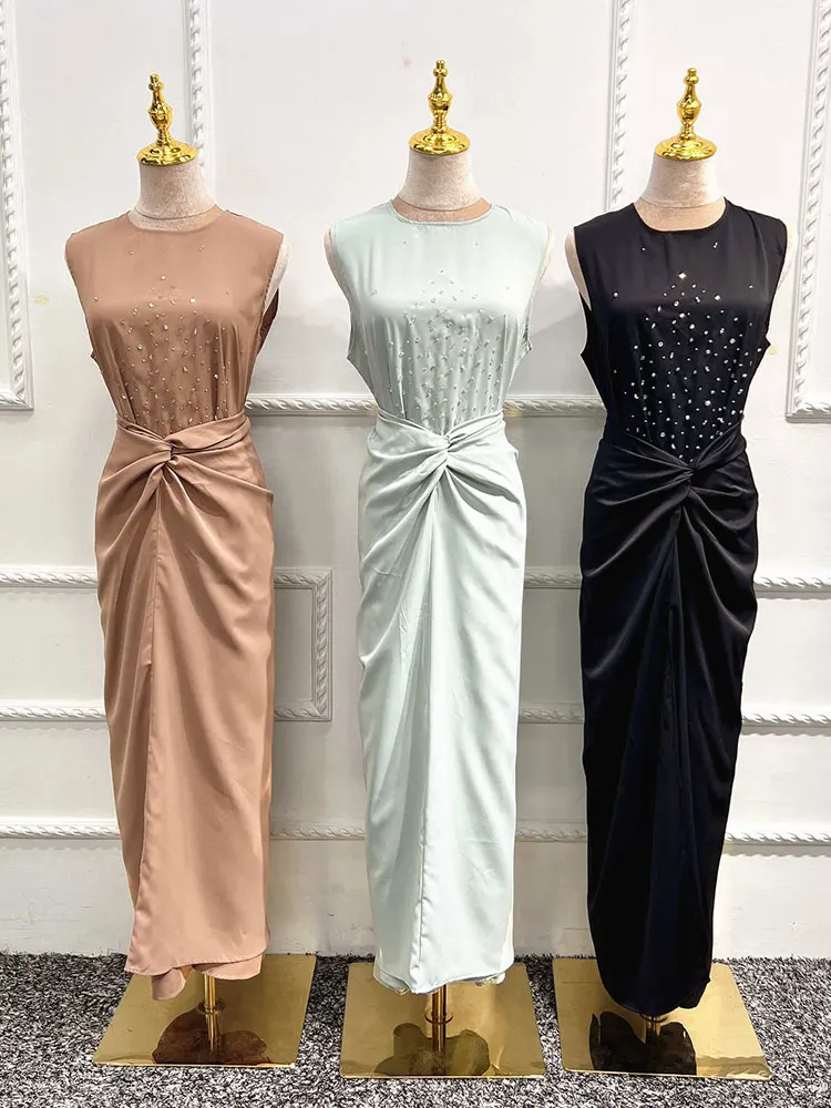 Beaded 3 Piece Muslim Matching Set Women Summer Open Abaya Sleeveless Maxi Dress & Tie Waist Skirt Dubai Turkey Modest Outfits