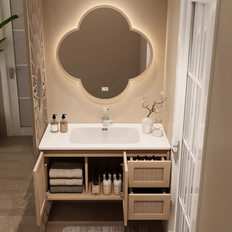 Ceramic integrated basin rattan log wind washing table Washing table Smart mirror cabinet