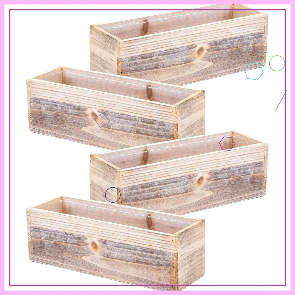 

Rustic Whitewash Wood Planter Box Set with Plastic Liner, 12x4 Inch Rectangular Flower Holder for Home Decor