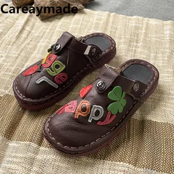 Careaymade-Genuine leather women's handmade sewing lazy slippers ethnic style splicing features thick sole flat bottom shoes