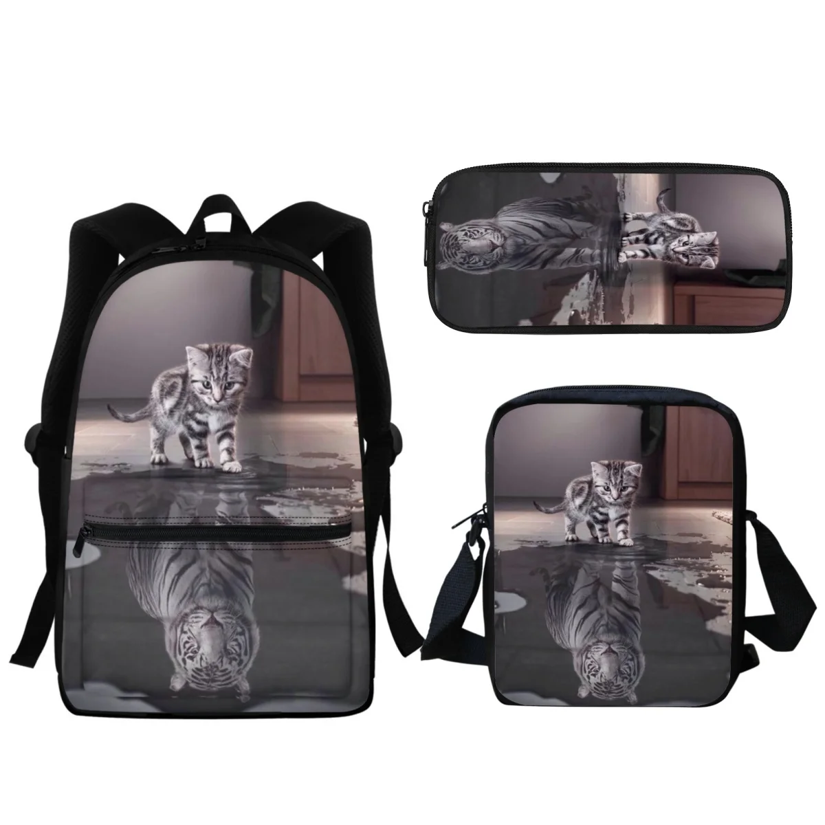 3PC Cartoon Tiger Cat Designer Fashion School Bag Children Girls Casual Zipper Backpack Pupil Pencil Case Mochila BookBags Gift